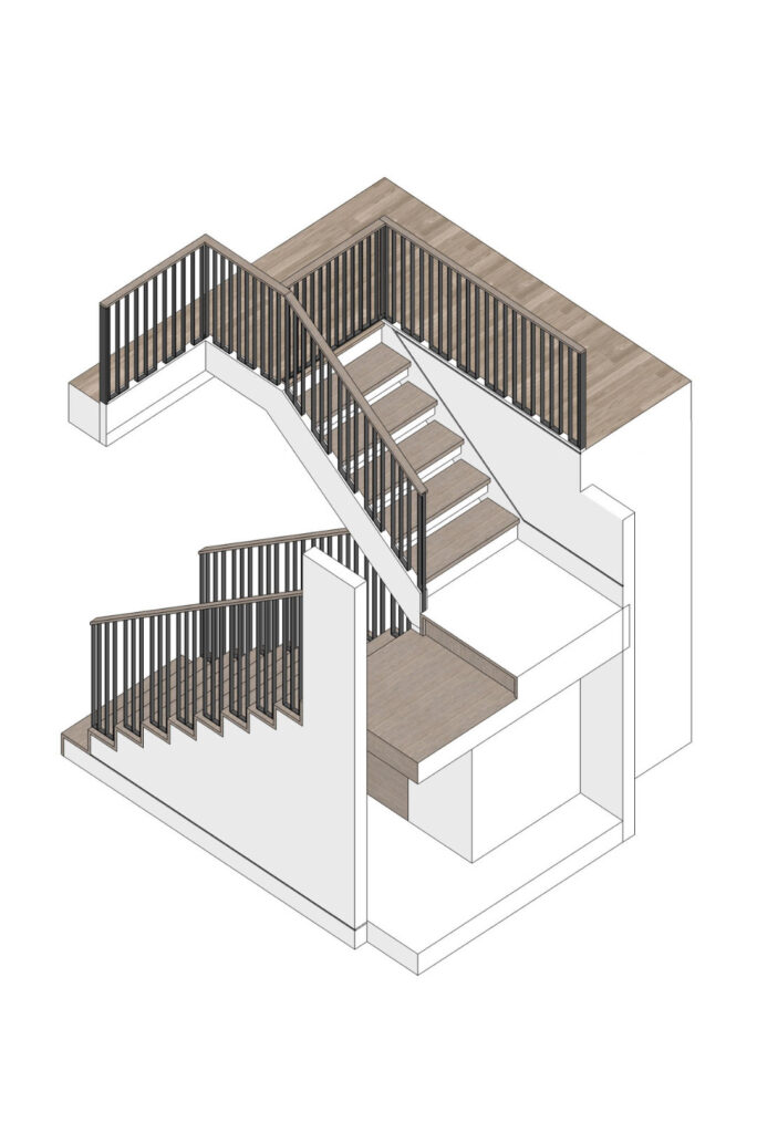 Hancock stair rendering Blog; Renovated kitchen on Hancock Street, designed by ArnoldAnd to balance historic brownstone charm with modern functionality. Custom millwork and built-in storage solutions at 47 Hancock Street by ArnoldAnd. Reconfigured floor plan enhancing flow and functionality in this Boston brownstone renovation by ArnoldAnd.