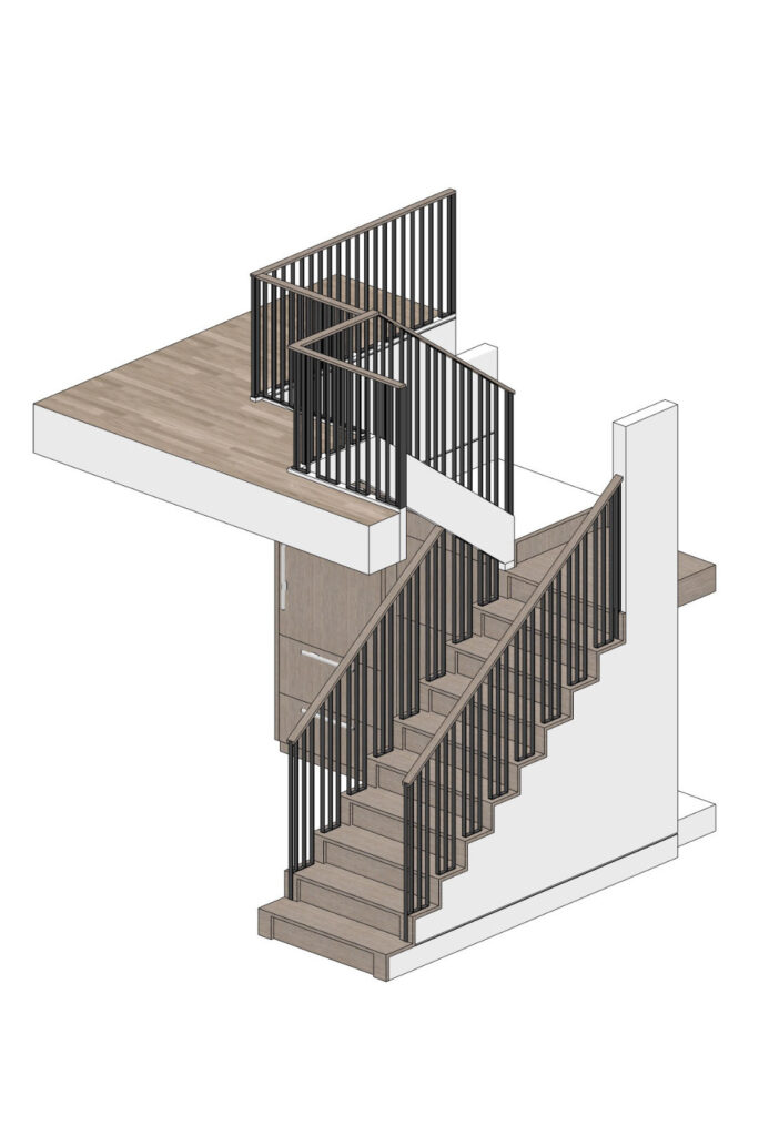 Hancock stair rendering two floorBlog; Renovated kitchen at 47 Hancock Street, designed by ArnoldAnd to balance historic brownstone charm with modern functionality. Custom millwork and built-in storage solutions at 47 Hancock Street by ArnoldAnd. Reconfigured floor plan enhancing flow and functionality in this Boston brownstone renovation by ArnoldAnd.