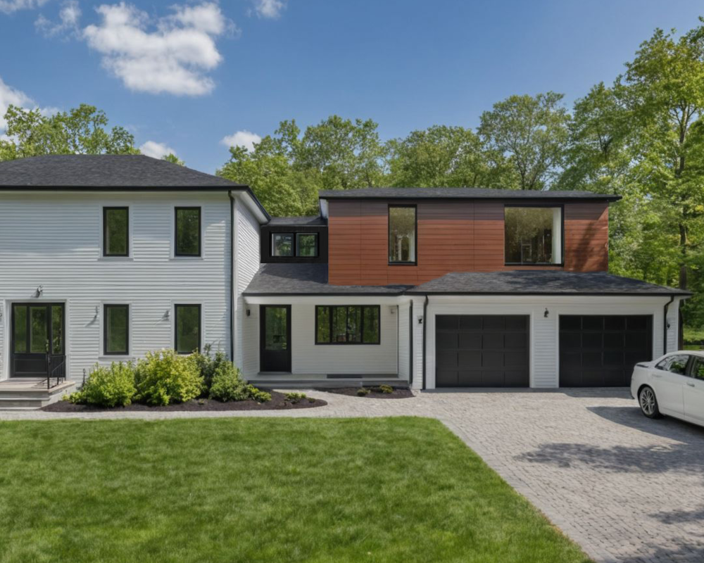 Modern colonial, modern addition, hip roof, wood siding