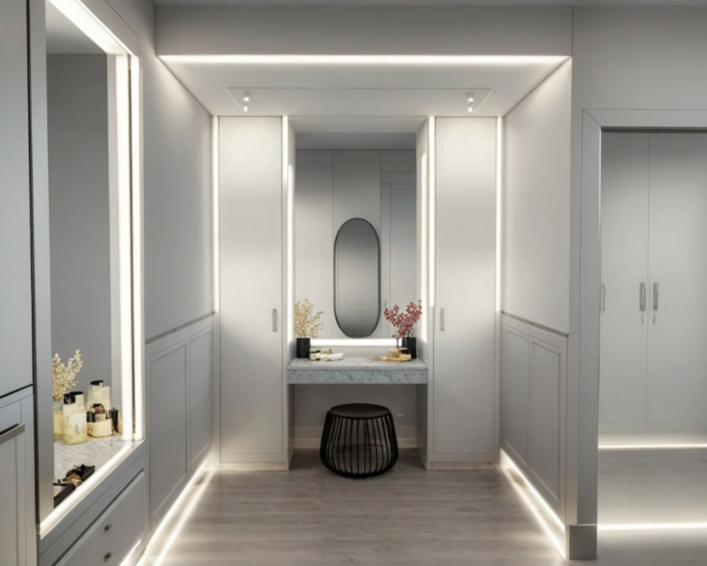 Modern makeup vanity with mirror, white cabinets