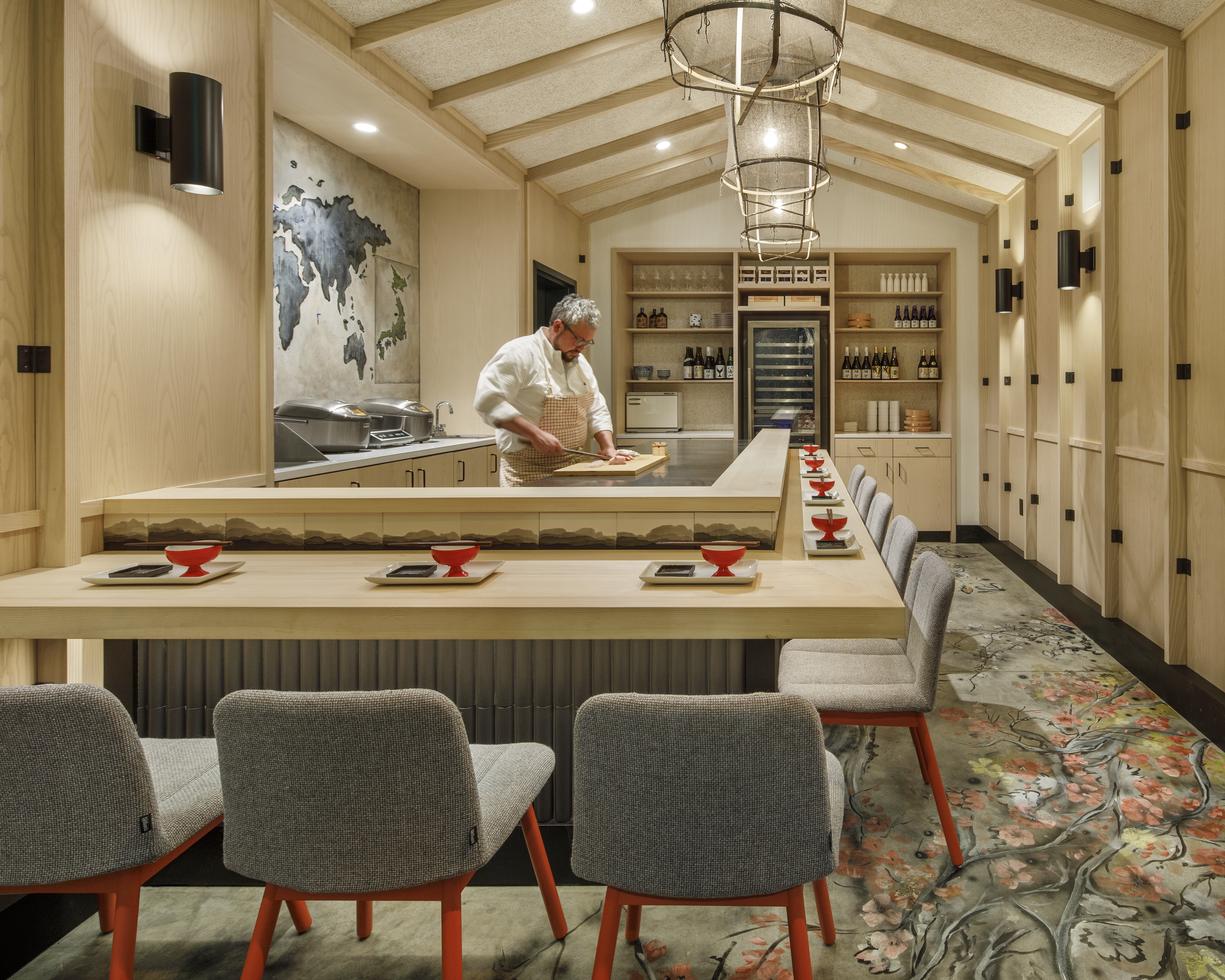 Sushi bar, cypress wood, wood paneling, floral flooring