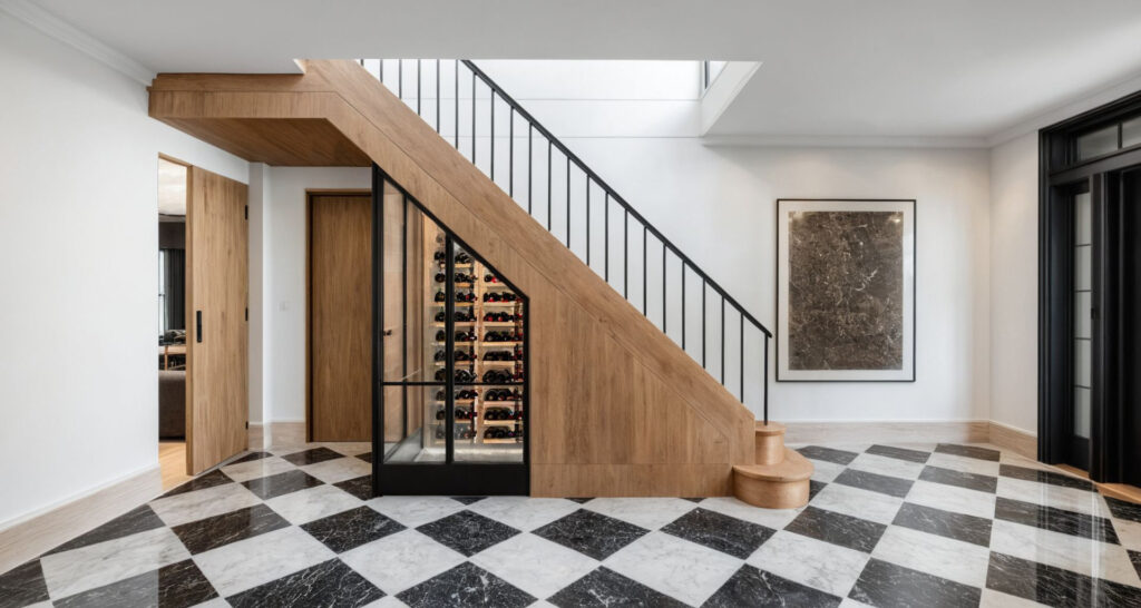 Minot Beach House Renovation Stairs and Wine Room