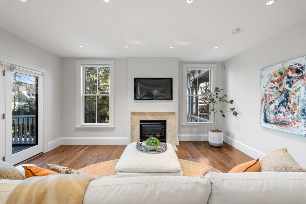 Primary living room renovation Newton MA with clean modern finishes
