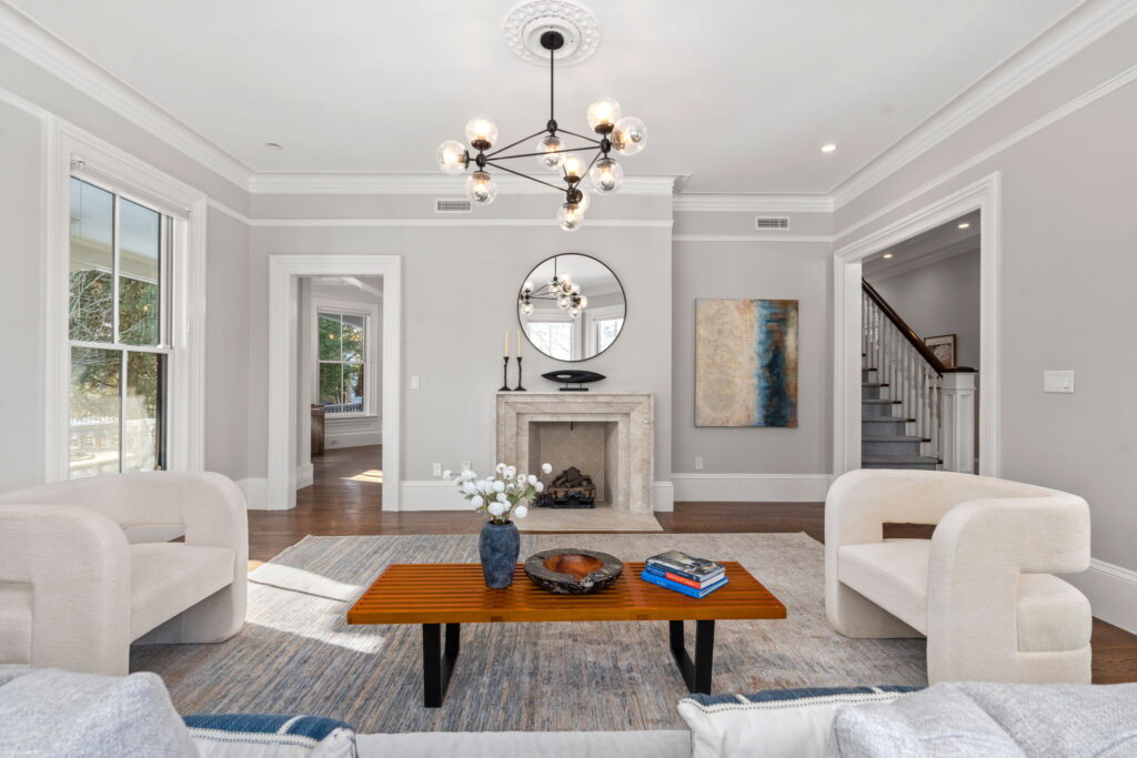 Primary living room renovation Newton MA with clean modern finishes